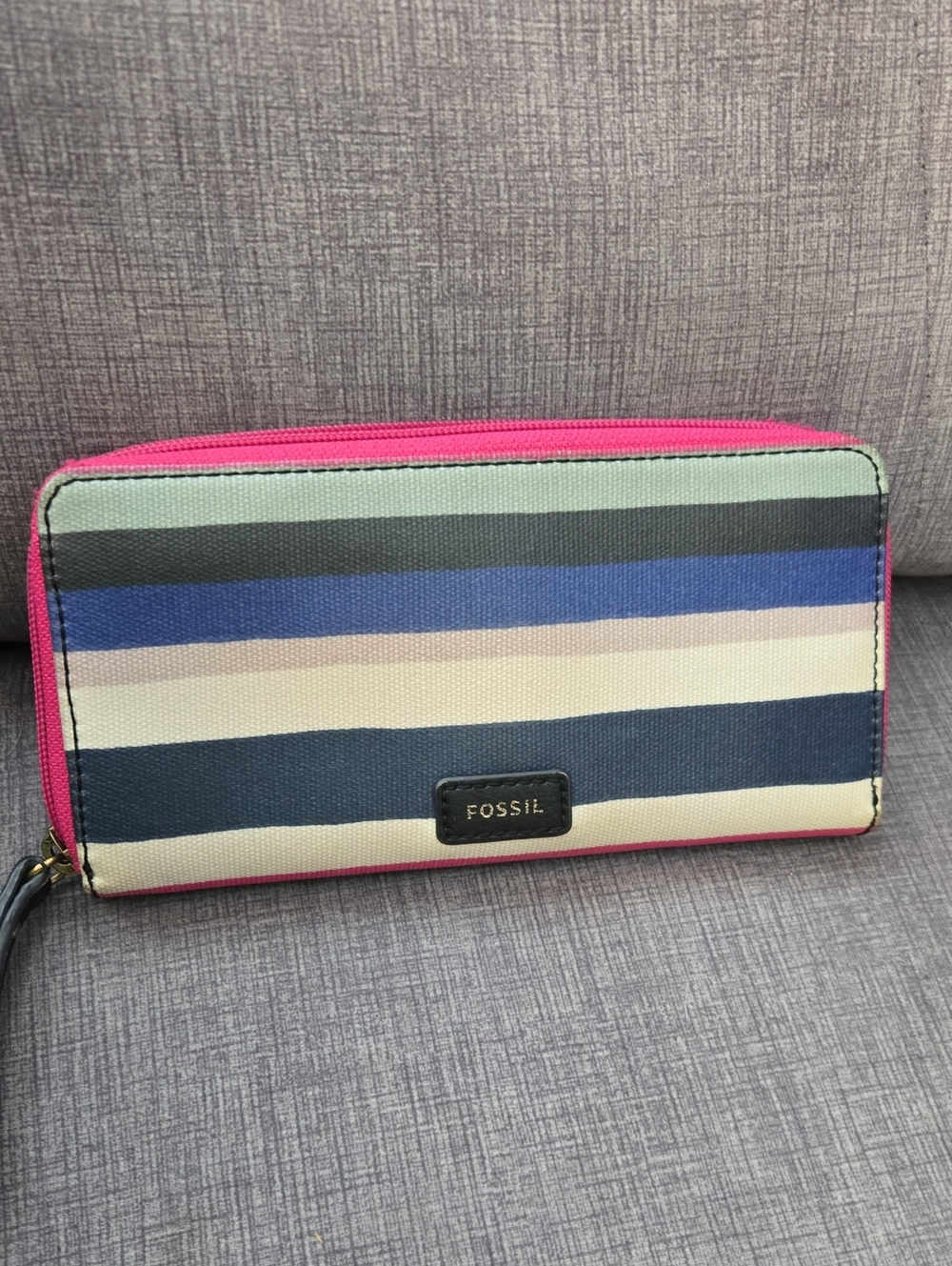 Fossil Striped Zip Wallet in Hot Pink, Navy, Sky Blue and Cream